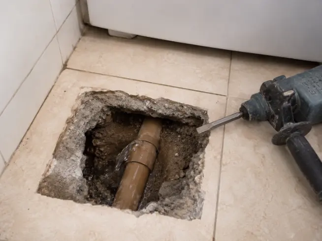 Parede aberta mostrando tubulação PVC marrom com emenda improvisada e fita preta em imóvel residencial em Capão da Canoa RS.