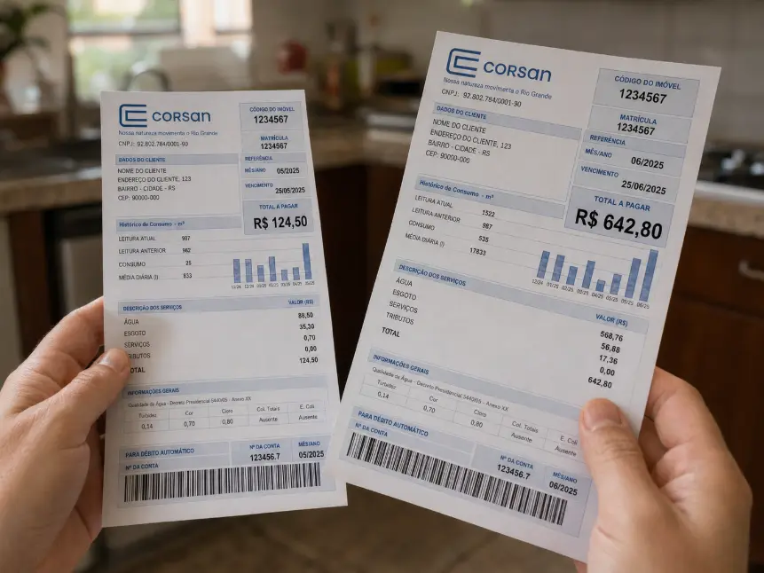 Contas de água com aumento de consumo indicando possível vazamento em imóvel residencial em Capão da Canoa RS.