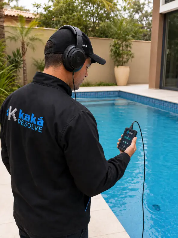 Técnico da Kaká Resolve usando hidrofone digital GLDS para inspeção de vazamento em piscina em Capão da Canoa RS.