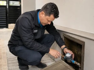 Técnico verificando hidrômetro para investigar conta de água alta em Capão da Canoa RS