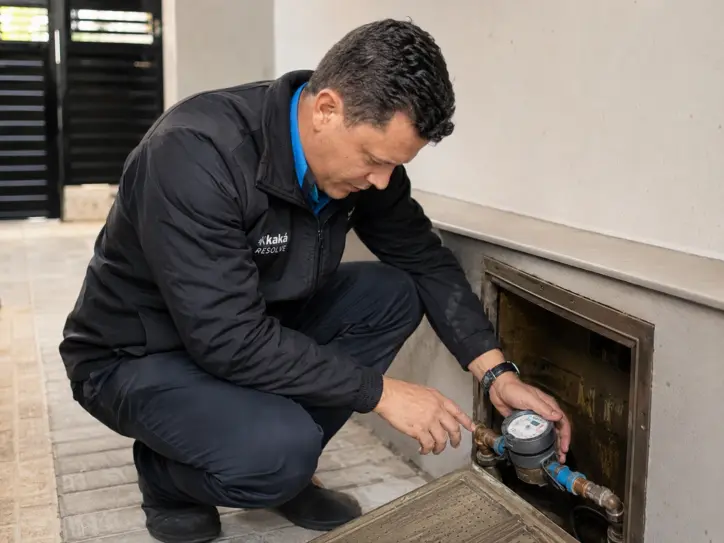 Técnico verificando hidrômetro para investigar conta de água alta em Capão da Canoa RS