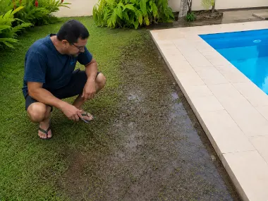 Área encharcada próxima à borda da piscina indicando possível vazamento externo em Capão da Canoa RS.
